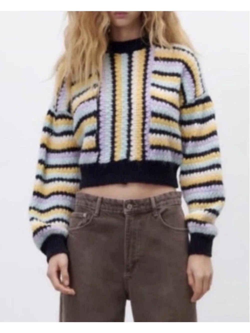 Zara Striped Chunky Knit Cropped Drop Shoulder Sweater Wool/Alpaca/Acrylic Sz L